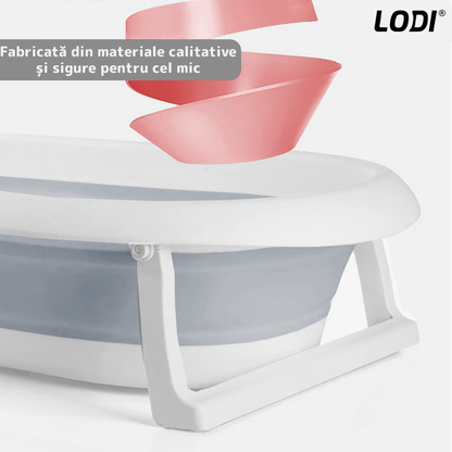 Cadita cu Pernuta pentru Bebelusi Lodi1313, casca de protectie inclusa, termometru digital incorporat, pliabila, dop de scurgere, picioare anti-alunecare, design ergonomic, 75 x 45 x 22 cm, gri cu stelute