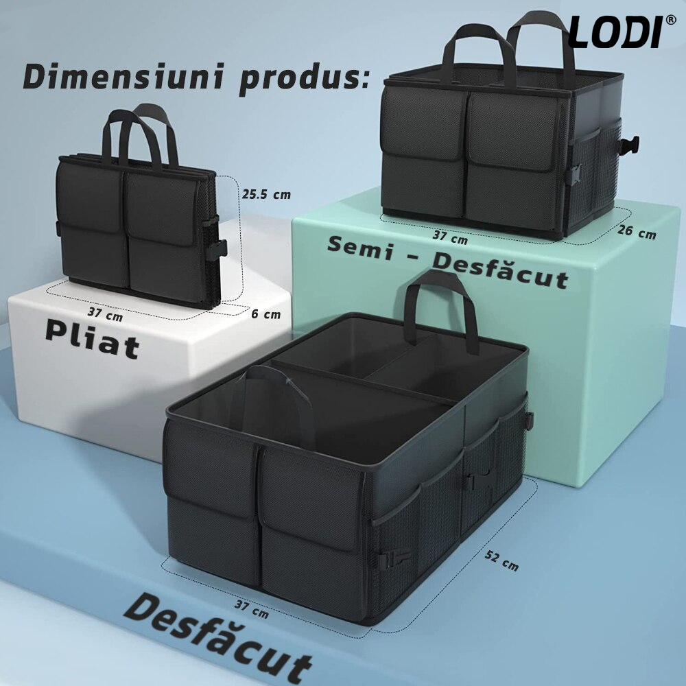 Organizator Auto Portbagaj Lodi293, 7 compartimente, pliabil, impermeabil, portabil, chingi de ancorare, multifunctional, universal, negru