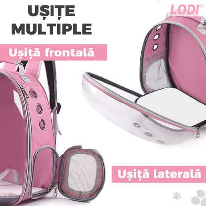 Rucsac Transport Animale Lodi373, greutate Max 7kg, hublou panoramic transparent, buzunar lateral, 2 iesiri, pentru talie mica, roz