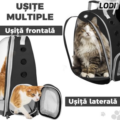 Rucsac Transport Animale Lodi372, greutate Max 7kg, hublou panoramic transparent, buzunar lateral, 2 iesiri, pentru talie mica, negru