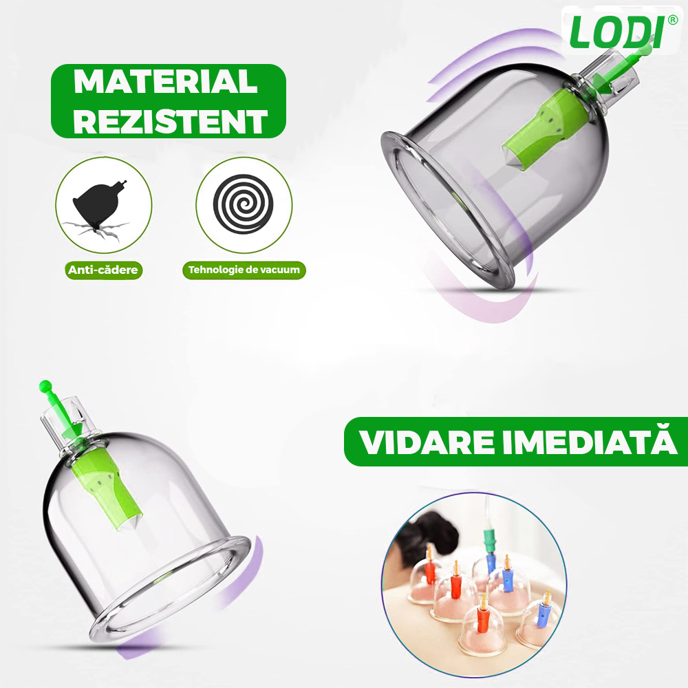 Set 12 Ventuze pentru Masaj Lodi682, beneficii multiple, pompa cu vacuum, terapie, decongestionare, verde