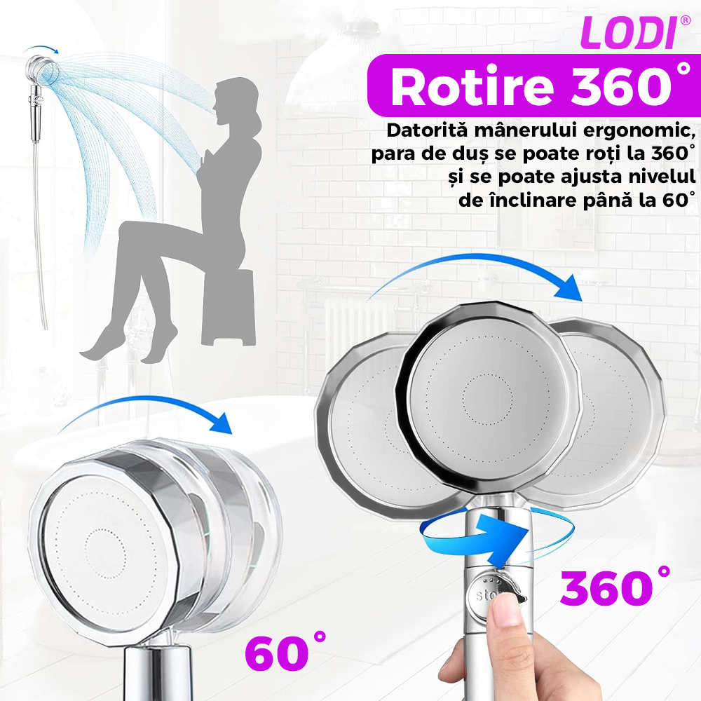 Para de Dus Turbo Lodi199, 2 filtre extra, buton On/Off, presiune ajustabila, filtrare apa, jet uniform, cap Rotativ 360°, mov