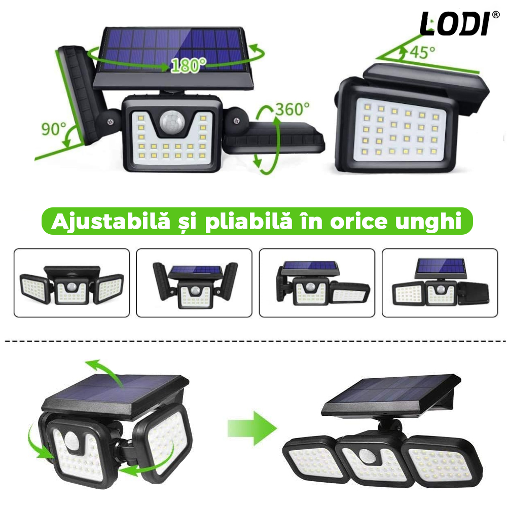 Lampa Solara Tripla 72 LED-uri Lodi64, senzor de miscare, 3 moduri de iluminare, protectie IP67, Waterproof, exterior, negru