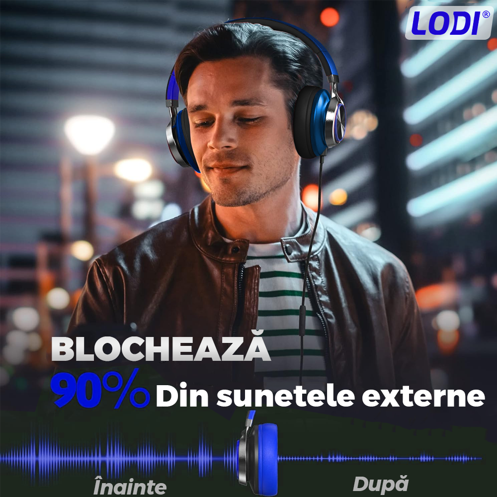Casti Wireless Lodi963, overear, bluetooth 4.2, extra bass, blocare sunete externe, slot card TF, functii multiple, albastru