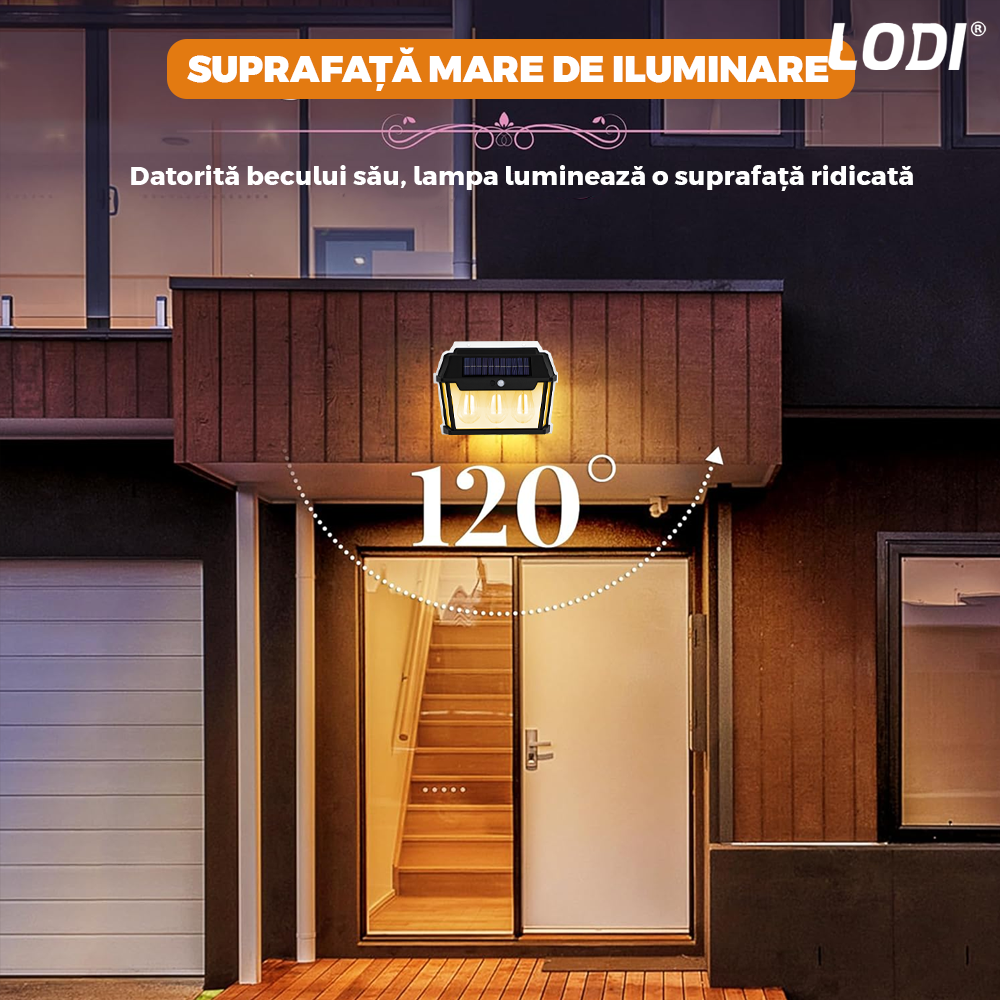 Lampa Solara de Perete LED Tip Felinar Triplu Lodi1274, senzor de miscare 5-8 metri, fara fir, 3 moduri de iluminare, protectie IP65, Waterproof, exterior, negru