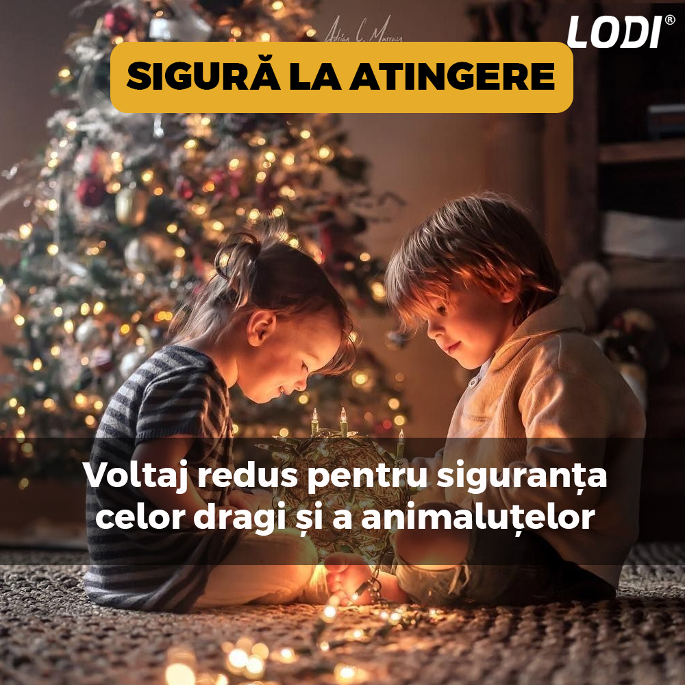 Instalatie de Craciun Liniara Lodi1457, 15 m, 8 jocuri de lumini, alimentare la priza, fir transparent, interior/exterior, rezistenta la apa, 200 LED-uri, alb cald