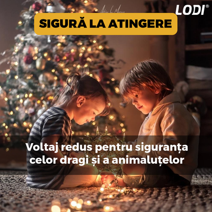 Instalatie de Craciun Liniara Lodi1457, 15 m, 8 jocuri de lumini, alimentare la priza, fir transparent, interior/exterior, rezistenta la apa, 200 LED-uri, alb cald