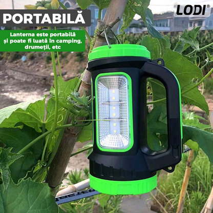 Lanterna Solara de Camping Lodi270, 2 moduri de alimentare, 5 moduri de iluminare, portabila, pentru drumetii, port USB, reincarcabila, verde