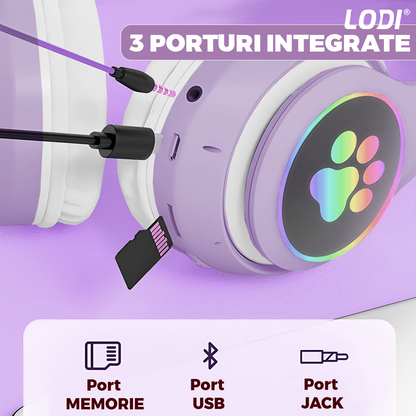 Casti Wireless Model Pisica Lodi947, STN-28, overear, urechi de pisica cu iluminare RGB, bluetooth 5.0, handsfree, HiFi, bass stereo, lila