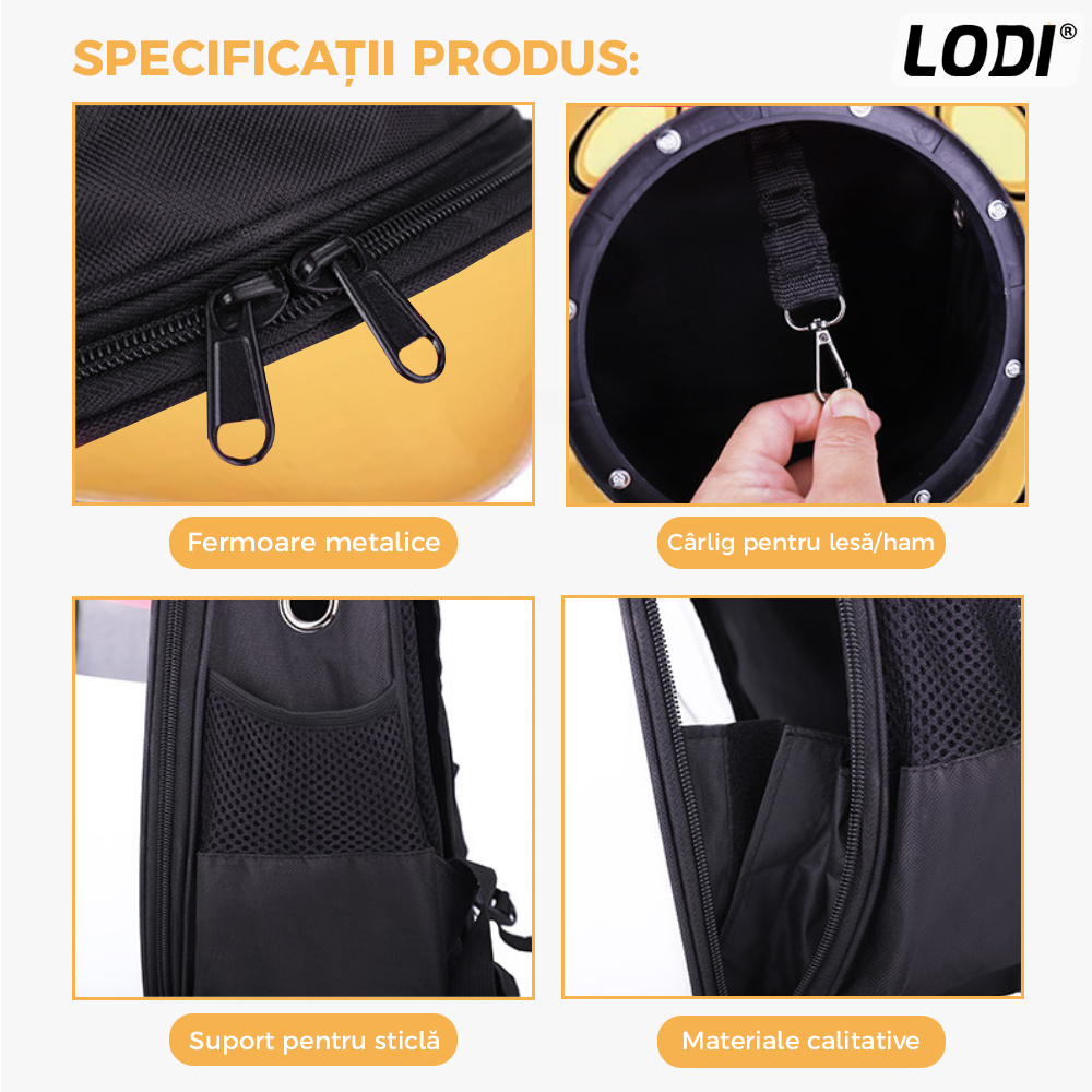 Rucsac Transport Animale Lodi28, greutate Max 7kg, hublou transparent, buzunar lateral, accesorii incluse, pentru talie mica, Urs, maro