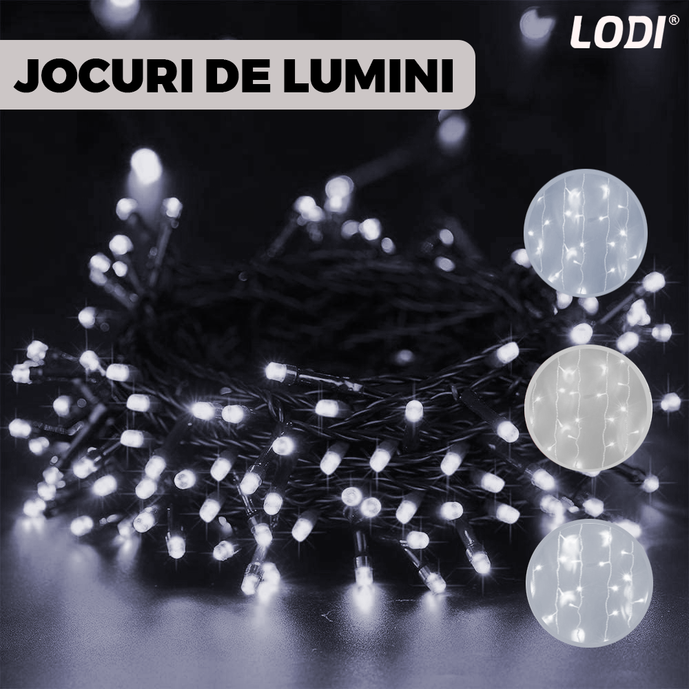 Instalatie de Craciun Liniara cu Panou Solar Lodi1459, 10 m, 8 jocuri de lumini, alimentare la priza, fir verde, interior/exterior, rezistenta la apa, 100 LED-uri, alb rece
