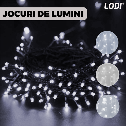 Instalatie de Craciun Liniara cu Panou Solar Lodi1459, 10 m, 8 jocuri de lumini, alimentare la priza, fir verde, interior/exterior, rezistenta la apa, 100 LED-uri, alb rece