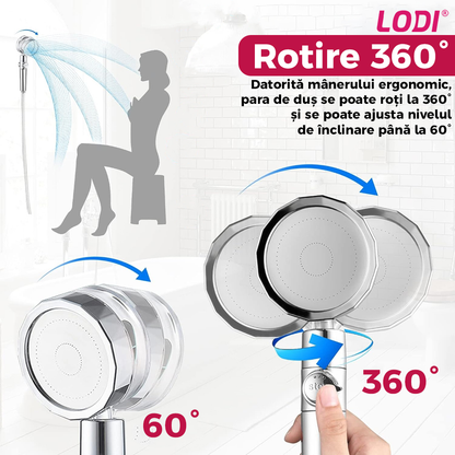 Para de Dus Turbo Lodi200, 2 filtre extra, buton On/Off, presiune ajustabila, filtrare apa, jet uniform, cap Rotativ 360°, rosu