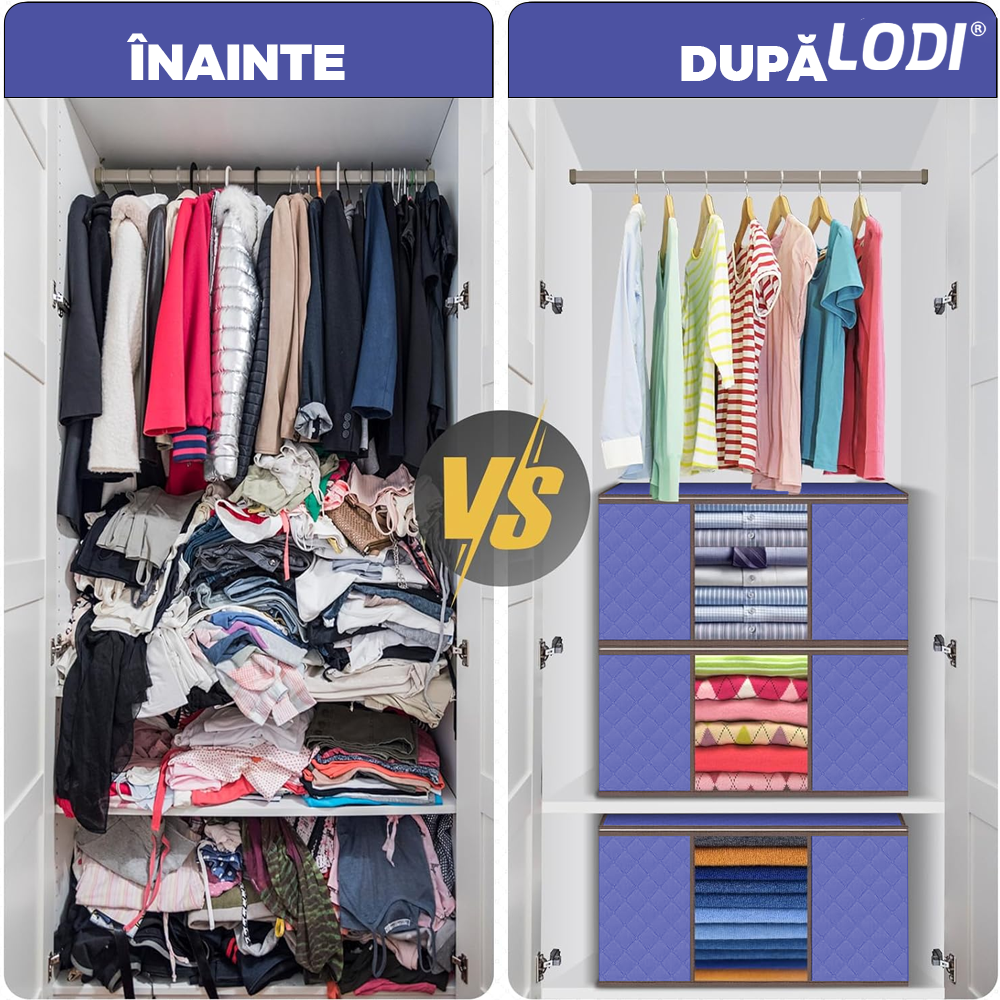 Set 3 Cutii pentru Depozitare si Organizare Lodi1055, 3 dimensiuni, pliabile, maner ranforsat si fereastra transparenta, pentru haine/paturi/ plapumi/ perne/ lenjerii de pat/jucarii, 60 L / 84 L / 105 L, albastru