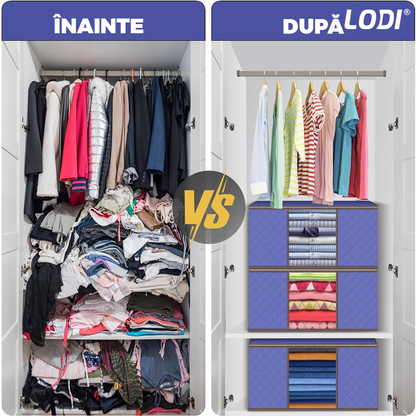 Set 3 Cutii pentru Depozitare si Organizare Lodi1055, 3 dimensiuni, pliabile, maner ranforsat si fereastra transparenta, pentru haine/paturi/ plapumi/ perne/ lenjerii de pat/jucarii, 60 L / 84 L / 105 L, albastru