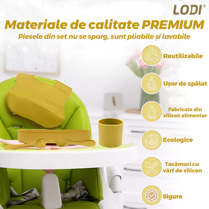 Set Hranire Bebeulsi Lodi1009, 6 piese, termorezistente, silicon, fara BPA, pliabile, usor de curatat, galben ocru