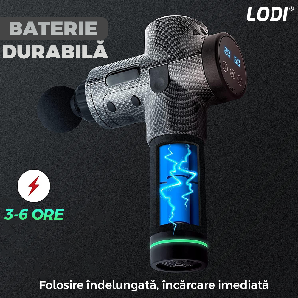 Aparat Profesional pentru Masaj tip Pistol Lodi675, 30 viteze, motor silentios fara perii, 3200 percutii, sistem racire, 2500mAh, 6 capete, incarcare rapida, geanta pentru depozitare, negru