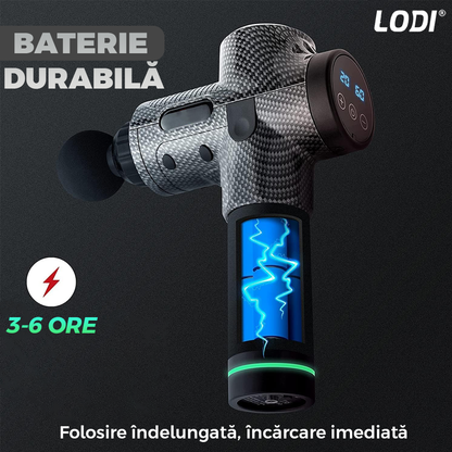 Aparat Profesional pentru Masaj tip Pistol Lodi675, 30 viteze, motor silentios fara perii, 3200 percutii, sistem racire, 2500mAh, 6 capete, incarcare rapida, geanta pentru depozitare, negru