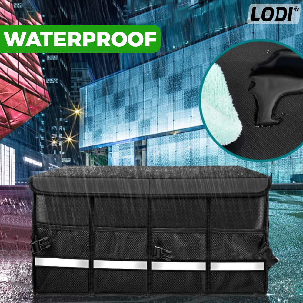 Organizator Auto Portbagaj Lodi292, 8 compartimente, pliabil, impermeabil, portabil, manere aluminiu, multifunctional, universal, capac inclus, negru