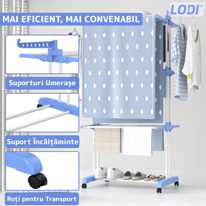 Uscator Vertical pentru Rufe si Haine Lodi290, 3 niveluri, mobil, pliabil, pentru spatii mici, suport umerase, cadru rezistent, inaltime 175cm, albastru