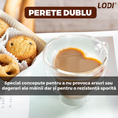 Set4 Cani de Sticla cu Perete Dublu Lodi1001, model inimioara, 4 farfurii suport, design modern, termorezistente, capacitate 250 ml, 9 x 8 cm