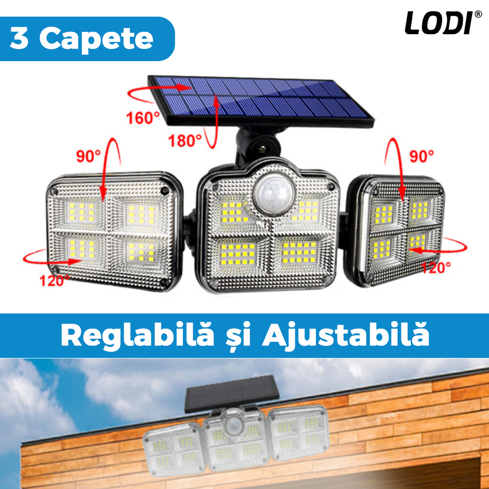 Lampa Solara Tripla 86 LED-uri Lodi263, senzor de miscare, 3 moduri de iluminare, protectie IP65, Waterproof, exterior, negru