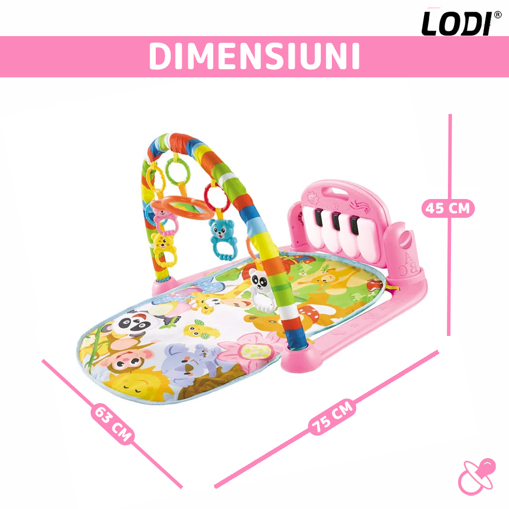 Centru de Activitati si Joaca Lodi327, saltea interactiva pentru copii  cu sunete, multifunctional, pian si oglinda detasabile, jucarii zornaitoare, 4 moduri interactive si educative, roz