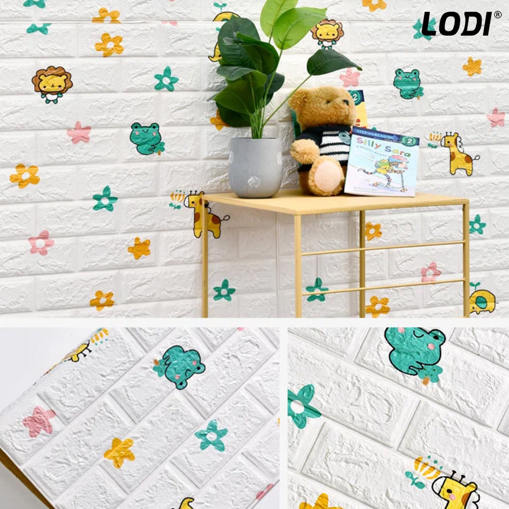 Set Tapet Caramida 3D Lodi75, model Animalute, autoadeziv, suprafata acoperire 5.3 mp, waterproof, usor de montat, design modern, 70x77 cm, alb