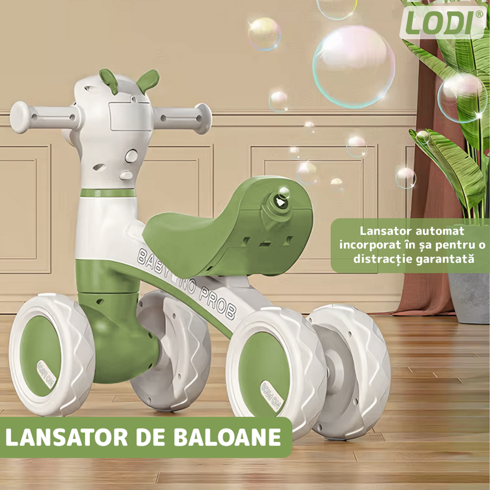 Bicicleta cu 4 Roti fara Pedale Oita Lodi1102, structura stabila, cap luminos, functie cu muzica, lansator de baloane incorporat,  80 x 58 x 51 cm, 1-3 ani, verde