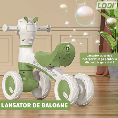 Bicicleta cu 4 Roti fara Pedale Oita Lodi1102, structura stabila, cap luminos, functie cu muzica, lansator de baloane incorporat,  80 x 58 x 51 cm, 1-3 ani, verde