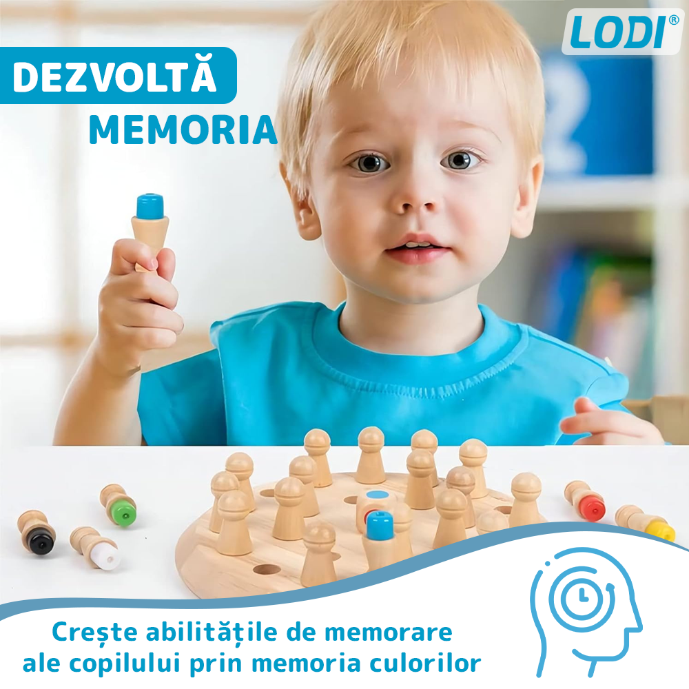 Joc de Memorie tip Sah Lodi1198, pentru copii, tabla de lemn rotunda, piese colorate, dezvolta abilitatile de memorare si inteligenta, zar inclus, multicolor