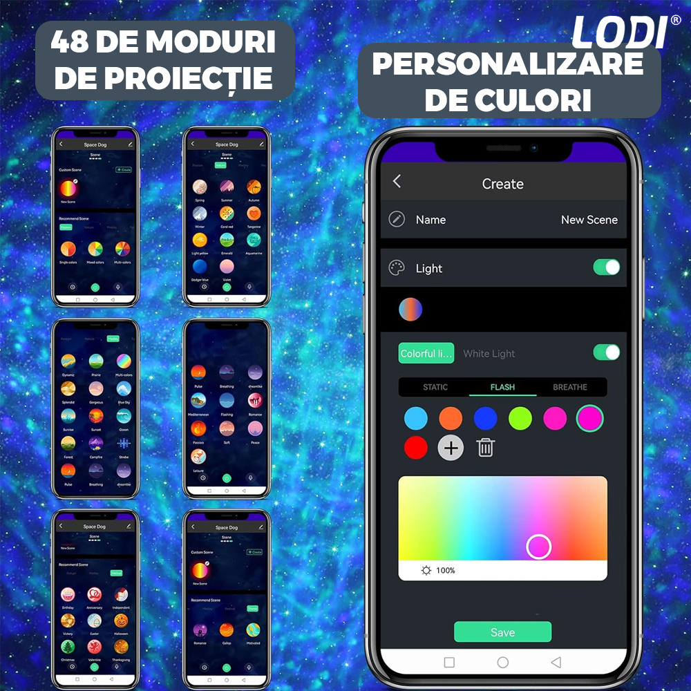 Proiector de Stele Catel Astronaut 2.0 Lodi549, lampa de veghe pentru copii, control prin aplicatie, compabil cu Alexa/Google Assistant, reglare 360, sunete albe, trepte de ajustare luminozitate, timer, 15 moduri de iluminare, speaker bluetooth, alb