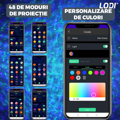 Proiector de Stele Catel Astronaut 2.0 Lodi549, lampa de veghe pentru copii, control prin aplicatie, compabil cu Alexa/Google Assistant, reglare 360, sunete albe, trepte de ajustare luminozitate, timer, 15 moduri de iluminare, speaker bluetooth, alb