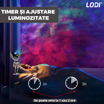 Proiector de Lumini Lodi545, tip extraterestru, cu telecomanda si timer pentru durata de iluminare, 8 moduri de proiectie, rotire 360 de grade, ajustare luminozitate, gri
