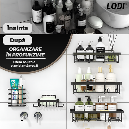 Set 2 Rafturi pentru Dus Lodi1265, depozitare si organizare, baie/bucatarie, otel inoxidabil, montare adeziva, rezistenta ridicata, cuiere incorporate, suporturi inalte, negru