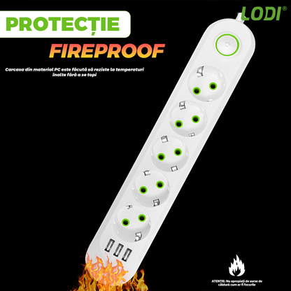 Prelungitor Lodi1278, 5 prize, 3 porturi USB, intrerupator, suport de agatare incorporat, rezistent la temperaturi inalte, universal, lungime 3 metri, alb