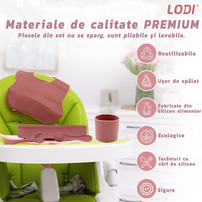 Set Hranire Bebeulsi Lodi509, 6 piese, termorezistente, silicon, fara BPA, pliabile, usor de curatat, roz blush