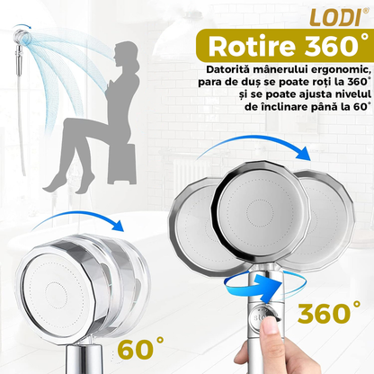 Para de Dus Turbo Lodi198, 2 filtre extra, buton On/Off, presiune ajustabila, filtrare apa, jet uniform, cap Rotativ 360°, auriu