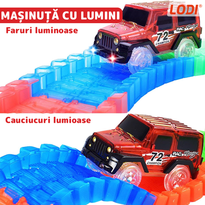 Circuit Masinute Lodi517, 56 piese, pista iluminata configurabila, fosforescenta, masinuta cu lumini rosie, multicolor