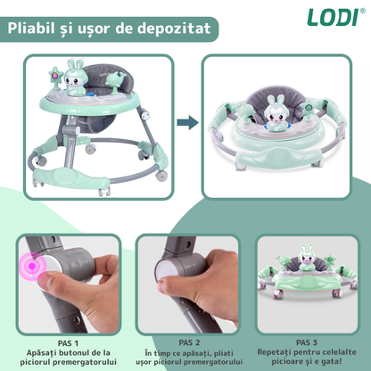 Premergator Multifunctional pentru Bebelusi Lodi638, tava cu 3 jucarii, muzica, reglabil, pliabil, greutate max 20kg, 6-36 luni, verde