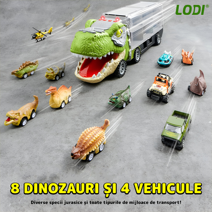 Set Camion Trailer de Jucarie pentru Transport Lodi1168, T-REX, 12 vehicule incluse, masina, barca, elicopter, accesorii mobile, lansator si rampa frontala, platforma tractare, verde deschis