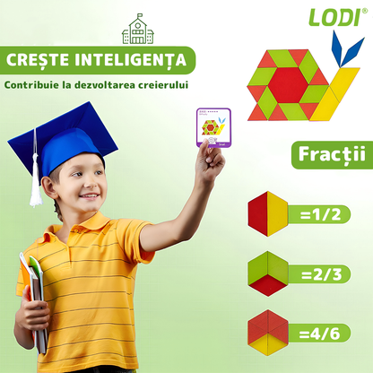 Joc Educativ din Lemn Lodi1172, Tangram cu 250 piese, 12 planse de puzzle, cifre și simboluri matematice, dezvolta inteligenta, culori non-toxice, multicolor