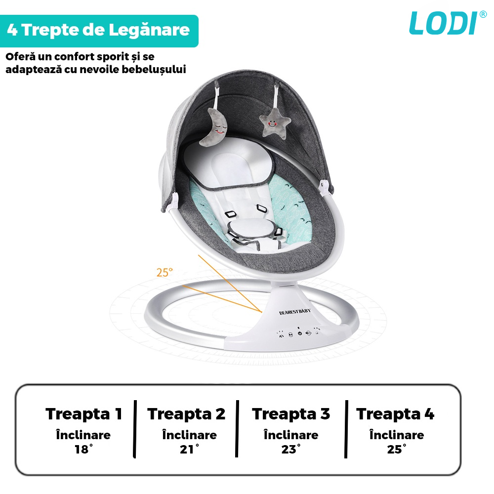 Leagan Electric Lodi123, conectivitate Bluetooth, telecomanda, plasa protectie tantari pentru bebelusi, jucarii, muzica, gri