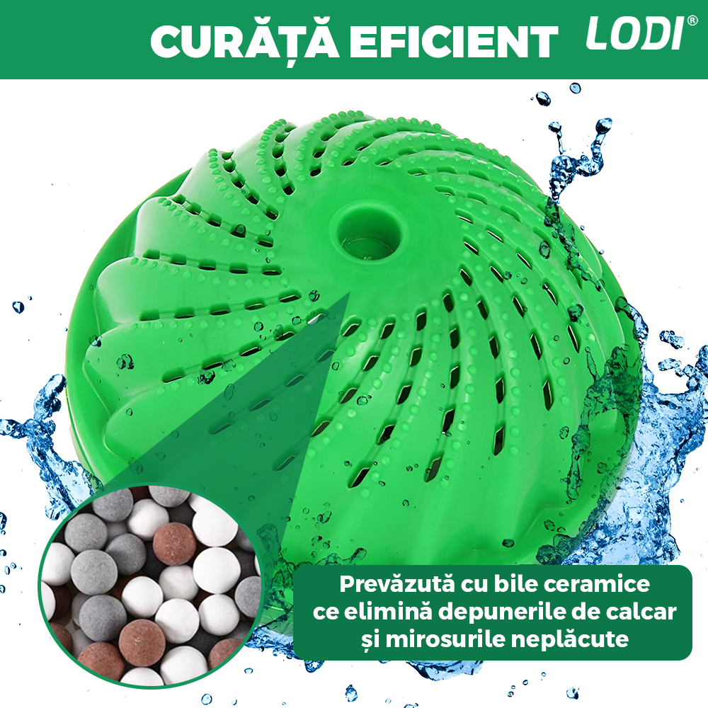 Bila pentru Masina de Spalat si Uscator Lodi997, reduce timpul de uscare al hainelor, previne mirosurile neplacute si depunerile de calcar, ajuta impotriva sifonarii si incurcarii hainelor, previne incarcarea statica, compacta, reutilizabila, verde