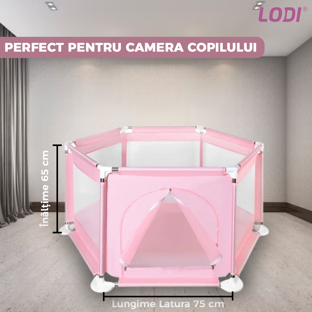 Tarc pentru Copii Lodi297, usa cu fermoar exterior, plasa, materiale calitative, usor de montat, dimensiuni 125x110x65, roz