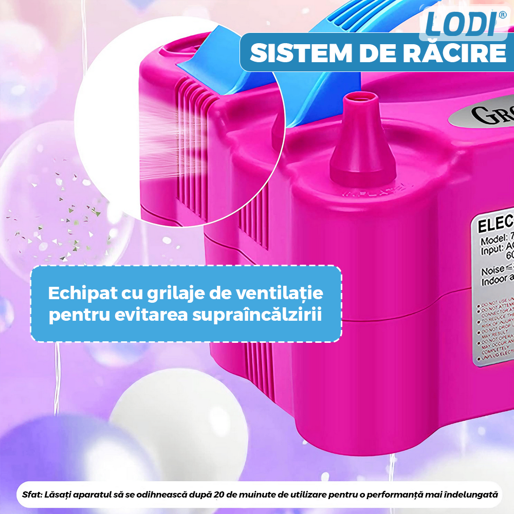 Compresor Profesional pentru Umflat Baloane Lodi1132, 2 functii de umflare, fante de ventilatie, spatiu de depozitare cablu, portabil, putere 600W, alimentare 220V, roz