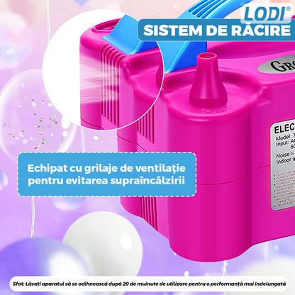 Compresor Profesional pentru Umflat Baloane Lodi1132, 2 functii de umflare, fante de ventilatie, spatiu de depozitare cablu, portabil, putere 600W, alimentare 220V, roz