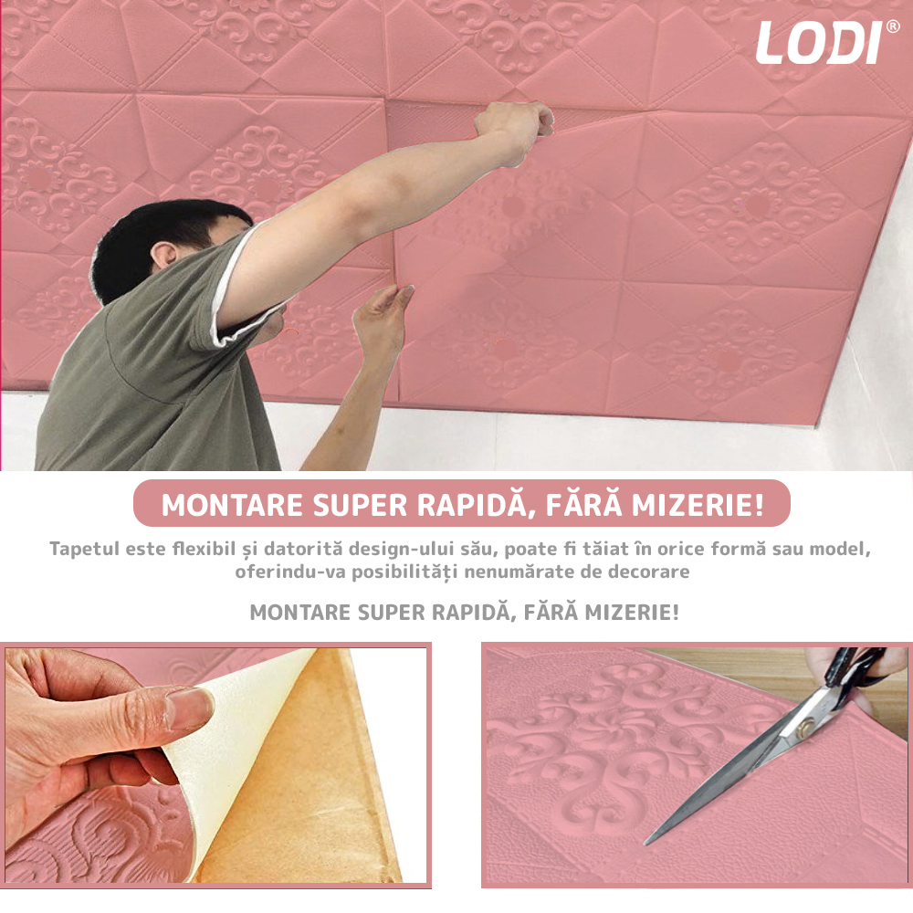 Set Tapet 3D Lodi117, suprafata acoperire 4.9 mp, autoadeziv, perete/tavan, model floral, waterproof, usor de montat, design modern, 70x70 cm, roz