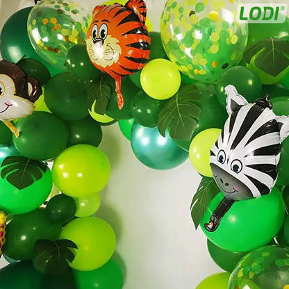 Set 106 Baloane si Decoratiuni Lodi301, pentru Petreceri/Aniversari copii, tema junglei/safari, latex, multicolor/verde