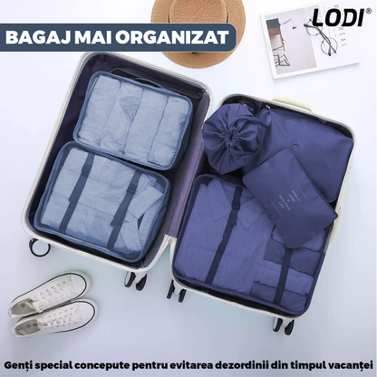 Set 8 Organizatoare Lodi672, pentru calatorie, diferite marimi, 3 genti cu plasa, 1 geanta pentru lenjerie, geanta pentru cosmetice, sac pentru hainele murdare, inchidere cu fermoar dublu, plasa, albastru inchis